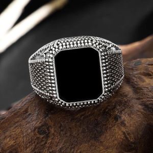 Anneaux en acier inoxydable de qualité supérieure, tendance rétro carrée, à grain, pour hommes, vente chaude, vintage, noir, gemme, généreux - Product Image 6