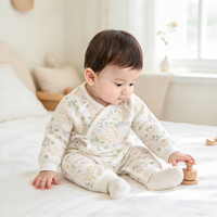 Combinaison Bébé Unisexe Multi-Saisons en Coton Pur à Manches Longues pour Nouveau-né, Barboteuse Décontractée à Motif Floral avec Lacets Obliques