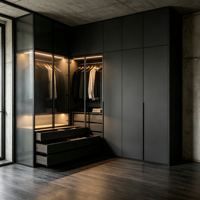 Armoire sur mesure en L avec portes vitrées, éclairage LED, tringle de suspension, étagères, tiroirs et armoires suspendues pour chambre et hôtel