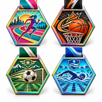 Médaille de sport personnalisée OEM ODM, hexagonale, plaquée arc-en-ciel, pour course à pied, basketball, football, natation, avec ruban imprimé