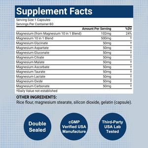 مكمل غذائي من مركب المغنيسيوم 500 ملغ (جلايسينات، سيترات، مالات، أوروتات) لدعم العضلات والقلب والمناعة، كبسولات نباتية - Product Image 4