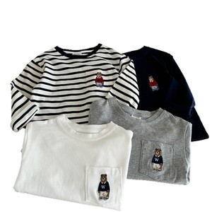 Children's Long Sleeve T-Shirt Bear Pocket Cotton Jersey Autumn Wear Boys Striped Inner Layer Top White Gray Navy Blue - Product Image 5