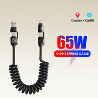Kabel Data Ponsel Teleskopik 4-in-1 USB-C/Spring TPE Pengisian Cepat 65W 5A untuk iPhone dan Android