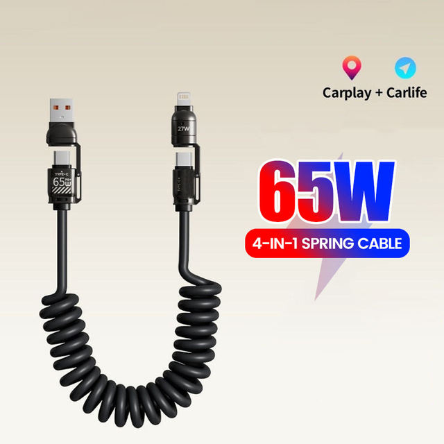65W 5A Fast Charging TPE 4-in-1 USB-C/Spring Telescopic Mobile Phone Data Cable for iPhone and Android