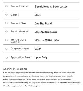 سترة باك كير الكهربائية المدفأة بالريش السوداء معتمدة من CE مع تحكم في درجة الحرارة بثلاثة مستويات مقاومة للرياح دافئة للشتاء - Product Image 6