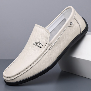 Mocassins en cuir véritable pour hommes, bout rond, à enfiler, confortables, toutes saisons, chaussures décontractées, blanc - Product Image 1