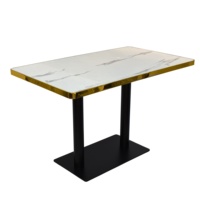 Table de restaurant en marbre noir avec bordure en acier inoxydable doré, base en métal à double piétement pour café, bistrot, hôtel, mobilier