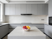 Îlot de cuisine moderne modulaire en bois avec portes en MDF et contreplaqué, finition mélaminée laquée, évier et robinet en acier inoxydable, et pied de meuble.