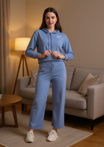 Tc291r Tuta da donna con cappuccio, cerniera lunga, vestibilità ampia casual, 100% cotone traspirante, blu tinta unita, abbigliamento primaverile - Product Image 2