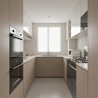 Meuble de cuisine îlot contemporain encadré avec tiroirs de rangement et poignées, idéal pour les projets d'aménagement intérieur de villas haut de gamme