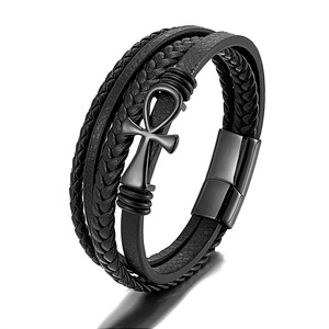 Hand-woven Leather Magnetic Snap Stainless Steel Cross Shelf Bracelet <b>Men</b> Multi-layer Leather Cord Bracelet More Than Ornament - Product Image 2
