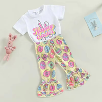 Conjuntos de Boutique para Niñas de Pascua, Ropa Infantil al por Mayor, Conjunto de 2 Piezas para Niños Pequeños, Estampado de Conejo, Patrón de Huevo, Pantalones Acampanados de Verano, Dulces