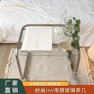 Wan Yusen <b>Glass</b> <b>Side</b> <b>Table</b> Plated Metal Frame Minimalist Bedside <b>Table</b> For Bedroom Living Room - Product Image 1