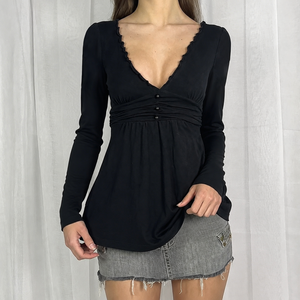 <b>Black</b> Casual Autumn V-neck <b>Long</b> Sleeve Women's <b>T</b>-<b>Shirt</b> Ruched Waist Knitted Top Button Detail Feminine High Stretch - Product Image 3