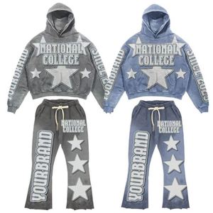 Conjuntos de Sudadera y Pantalones de Chándal Personalizados de Invierno, Casuales, de Poliéster/Algodón, con Forro Polar Lavado, Estilo Acampanado - Product Image 1