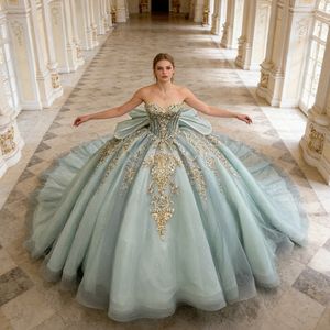 Robe de bal de princesse scintillante verte avec corset et nœud, style Sweetheart, <span class=keywords><strong>pour</strong></span> Quinceañera - Product Image 2