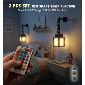 Pixelated Lantern <b>Night</b> <b>Light</b> 2-Pack RGB Color Changing Rechargeable Wall Mount With Remote Control For Kids Room Decor - Product Image 2