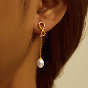 Pendientes Largos Geométricos Minimalistas CANNER con Borlas y Cadena, Pendientes de Hilo con Tres Perlas Número 8, Joyería de Plata de Ley 925 - Product Image 6