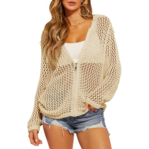 <span class=keywords><strong>Cardigan</strong></span> leggero da donna all'uncinetto con cerniera, cappuccio e maniche lunghe, maglione in maglia, copricostume da spiaggia in rete - Product Image 2