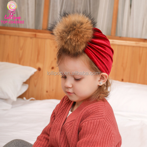 Inverno Del Bambino Della Ragazza Turbante Velluto Beanie Cappello Infantile India Soft Real Pelliccia Pom Pom Turbante Copricapo Cap - Product Image 2