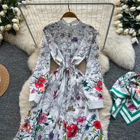 Robe midi décontractée pour femme WIWT à manches longues, col montant, imprimé floral, coupe trapèze avec ceinture, pour le quotidien