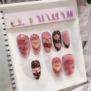 เล็บปลอมลูนาเนลลายเชอร์รี่ดอกไม้ประดับโบว์ ทำมือ ปิดเต็มเล็บ แบบกดติด ดีไซน์ตารางสีชมพูใหม่ พร้อมกาวในตัว วัสดุ ABS อเนกประสงค์ - Product Image 3