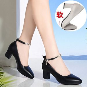 Mujeres de tacón medio tacón grueso individuales 2024 Primavera/Verano nueva moda tacones altos zapatos de cuero suave - Product Image 3