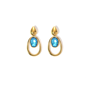 Fashion Drop <b>Earrings</b> PVD Gold Plated 316L Stainless Steel Blue <b>Crystal</b> Oval <b>Studs</b> Statement Jewelry - Product Image 2