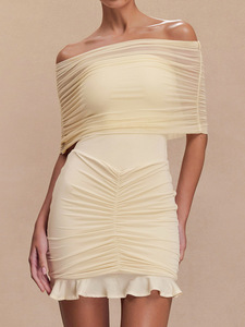Vestido sin tirantes de un hombro de gama alta para mujeres <span class=keywords><strong>maduras</strong></span> XL tamaño Sexy Spicy Girl Pure Desire malla plisada falda ajustada - Product Image 2
