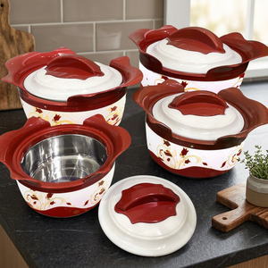 Lot de 4 bols à salade en plastique isolés à double paroi rouges, chauffe-plats avec couvercle, boîte de conservation alimentaire au design élégant, batteries d'origine américaine - Product Image 3