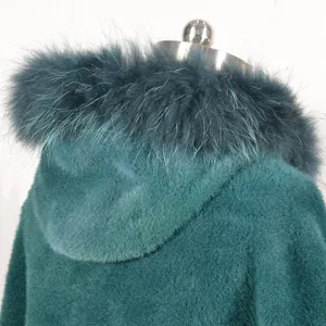 New Arrival Real Raccoon Fur Trim Hooded Women Poncho Shawl Cape For Winter