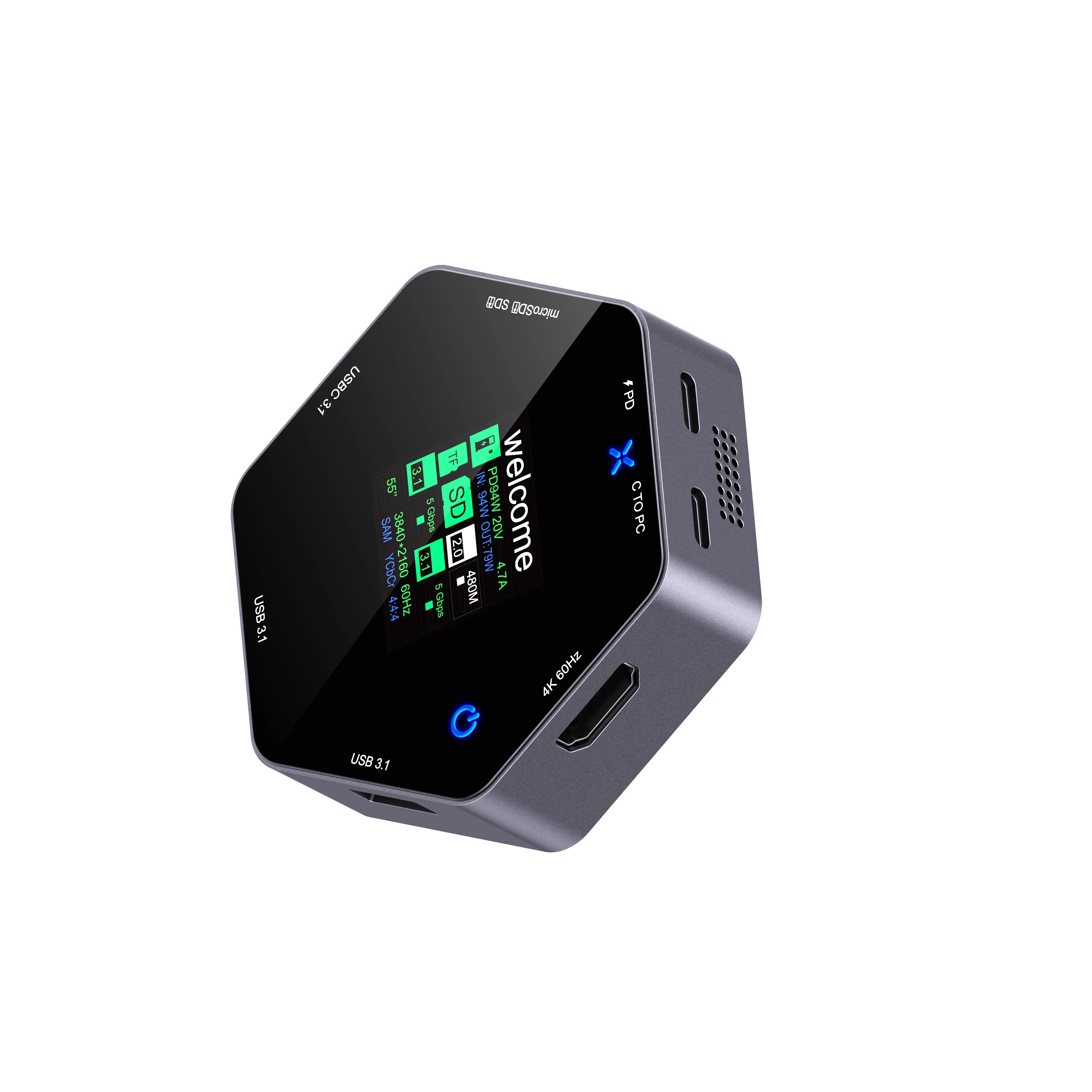 منفذ توسيع الشاحن النوع-سي شاشة ذكية 4K 60 هرتز 8-في-1 منفذات متعددة منفذ PD شاحن USB موسع