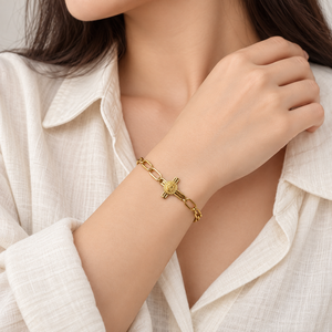 Geometric Centerpiece Link <b>Charm</b> <b>Bracelet</b> Women's 14K Gold Plated Stainless Steel Gold and Steel Color Options - Product Image 5