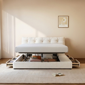 <strong>Cream</strong>-Style Fabric <strong>Pouffe</strong> Bed 1.8-Meter King-Size Double Storage Bed Frame Simple Modern Bedroom Furniture Model - Product Image 3