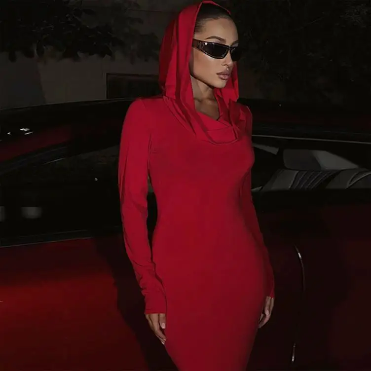 New Euro-american Fashion 2023 Autumn High Quality Solid Hooded Long Sleeve Women's Package Hip Finger Tight Dress