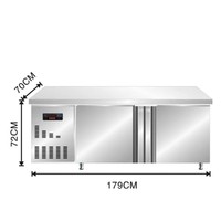 Table de travail en acier inoxydable poli pour cuisine professionnelle, avec plan de travail, panneau de commande, comptoir, réfrigérateur et refroidisseur