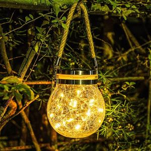 20LED cam Crackle kavanoz güneş bahçe ışıkları asılı Rattan kolu dekoratif veranda Yard çatlaklı cam küre güneş çim lambaları - Product Image 1