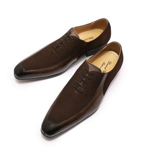 Best-selling Men's Oxford Lace-up square Toe Office Wedding Formal <b>Shoes</b> Suede Patchwork Leather Coffee Color Black - Product Image 4