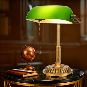 Green Glass Desk <b>Lamp</b> Brass Base Traditional Style Pull Chain Switch <b>Office</b> Library Decor Lighting - Product Image 2