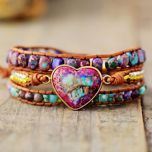 Bracelet en Cordon de Cuir avec Perles en Pierre Impériale en Forme de Cœur, Bijou Bohème Multicouche pour Femme, Idéal Cadeau - Product Image 4