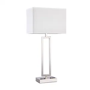1 ו-2 נורות מחזיק מנורות שולחן מתכת גוף מרובע גוון פשתן לבן מנורות שולחן ליד המיטה עם USB ושקע חשמל