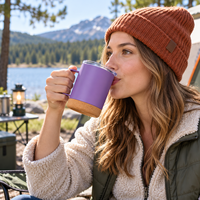 Mug isotherme en acier inoxydable à double paroi de 12 oz avec fond en liège et couvercle, idéal pour le camping – Vente en gros personnalisée