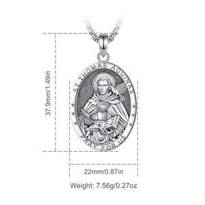 Collier pendentif ovale <span class=keywords><strong>en</strong></span> argent massif oxydé Saint <span class=keywords><strong>Thomas</strong></span> d'Aquin, médaille religieuse, bijoux de foi, articles chrétiens - Product Image 2