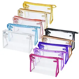 Middle Yellow Clear Zipper Plastic Cosmetic Bags Custom Logo Transparent Organizer Makeup Bags Supplier