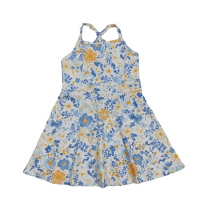 Robe de yoga personnalisée GSD3565 pour petite fille, motif floral bleu et jaune, haute qualité, vente en gros pour enfants, sans manches, athlétique, été - Product Image 1