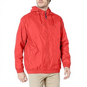 Veste bomber coupe-vent à capuche rouge pour homme, fermeture éclair sur le devant, en polyester, vêtements d'extérieur décontractés pour l'automne - Product Image 1