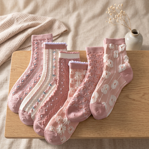 Chaussettes courtes pour femmes, motif floral jacquard, tricotées en coton et fibre de bambou, respirantes, pour usage quotidien, élégantes, roses et blanches - Product Image 1