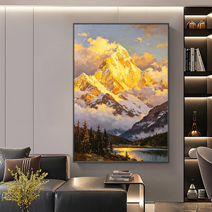 Peinture à l'huile faite à la main, effet visuel 3D, montagne dorée au lever du soleil, encadrée, pour hall d'entrée, salon, couloir, passage - Product Image 2