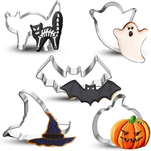 Pumpkin, Bat, Ghost, Cat and Witch Hat Shapes for Halloween Party Stainless Steel 5 pieces Halloween Cookie Cutters Set
