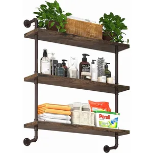 High Quality 3 Layers Metal Wood Industrial Floating Shelves Industrial Iron Pipe Shelves Industrial Pipe Shelving